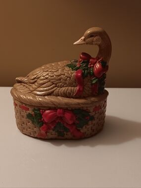 Vintage Hand Painted Ceramic Christmas Goose Candy/Trinket Dish.